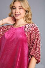 Load image into Gallery viewer, Umgee Solid Velvet Top with Animal Print Burnout Sleeves in Raspberry Shirts & Tops Umgee