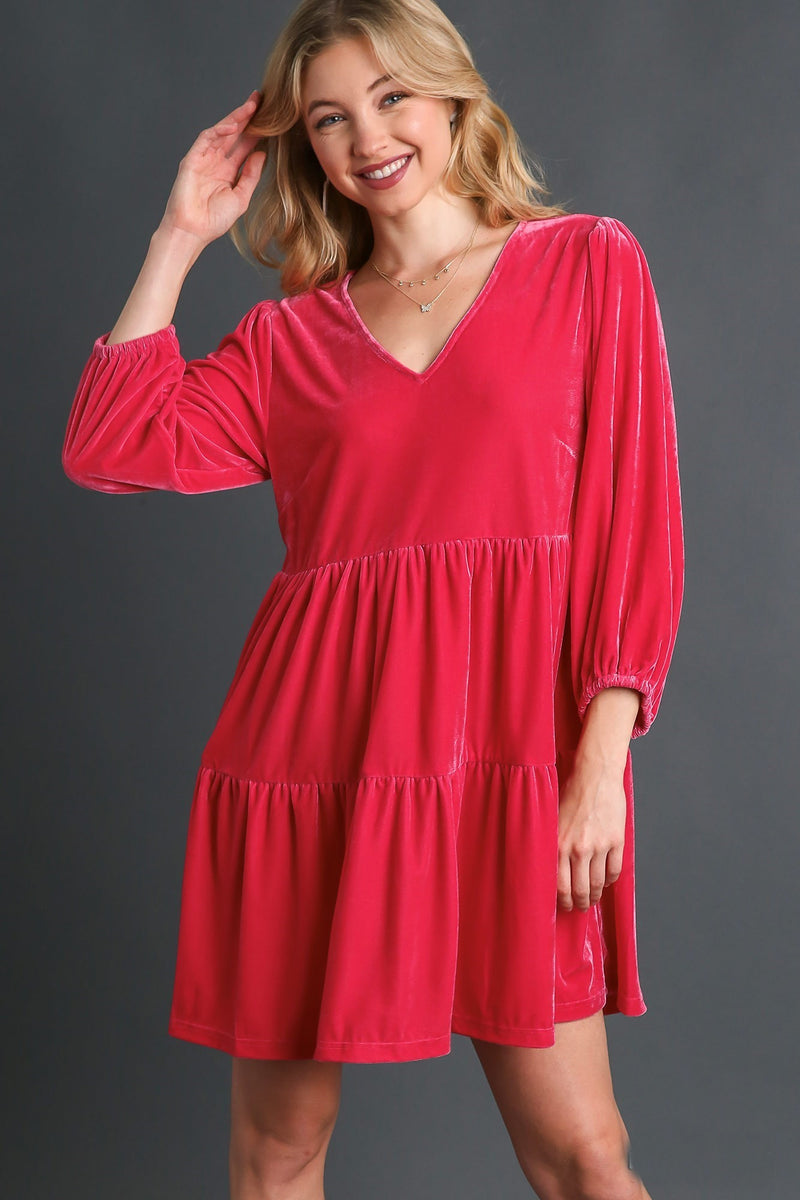 Umgee Velvet Tiered Dress in Raspberry June Adel
