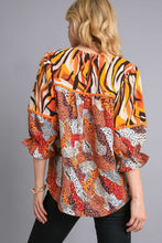Load image into Gallery viewer, Umgee Mixed Print Top with Velvet Tape Details in Brown Mix Shirts & Tops Umgee