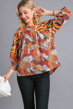 Load image into Gallery viewer, Umgee Mixed Print Top with Velvet Tape Details in Brown Mix Shirts & Tops Umgee