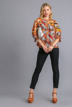 Load image into Gallery viewer, Umgee Mixed Print Top with Velvet Tape Details in Brown Mix Shirts & Tops Umgee