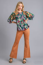 Load image into Gallery viewer, Umgee Mixed Print Top with Velvet Tape Details in Green Mix Shirts & Tops Umgee