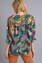 Load image into Gallery viewer, Umgee Mixed Print Top with Velvet Tape Details in Green Mix Shirts & Tops Umgee