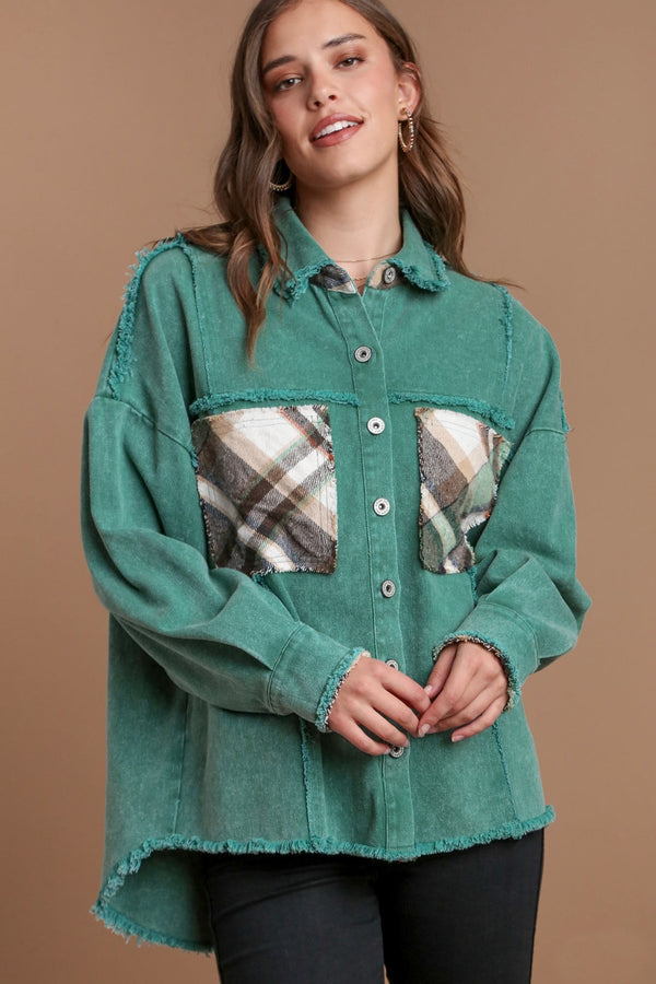 Umgee Washed Denim Jacket with Contrasting Pockets in Green Jacket Umgee   