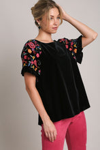 Load image into Gallery viewer, Umgee Velvet Top with Embroidery Sleeves in Black Shirts & Tops Umgee