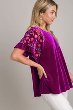 Load image into Gallery viewer, Umgee Velvet Top with Embroidery Sleeves in Violet Shirts & Tops Umgee