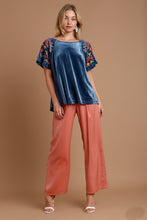 Load image into Gallery viewer, Umgee Velvet Top with Embroidery Sleeves in Navy Shirts & Tops Umgee