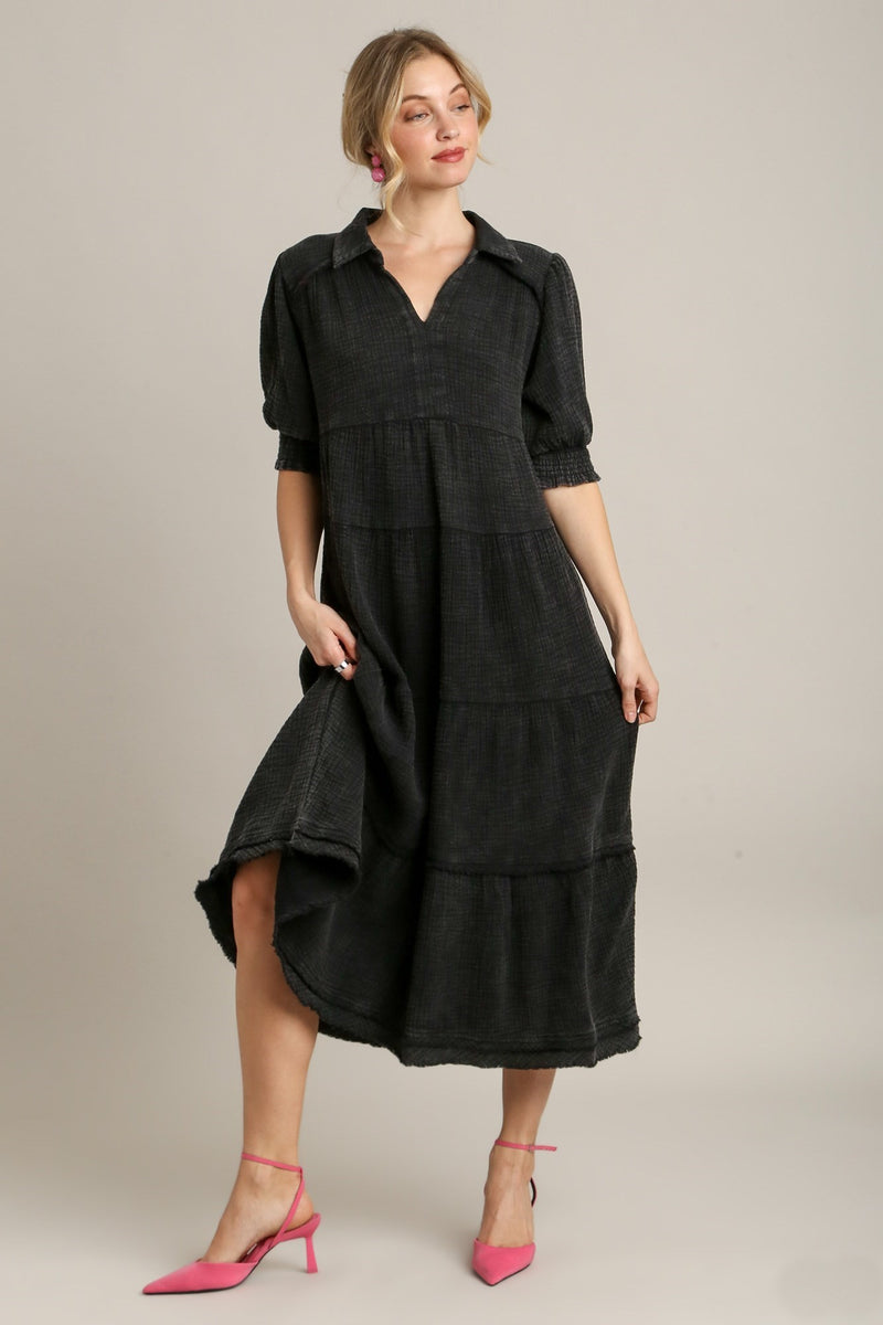 Umgee Mineral Washed Cotton Gauze Tiered Maxi Dress in Ash June Adel