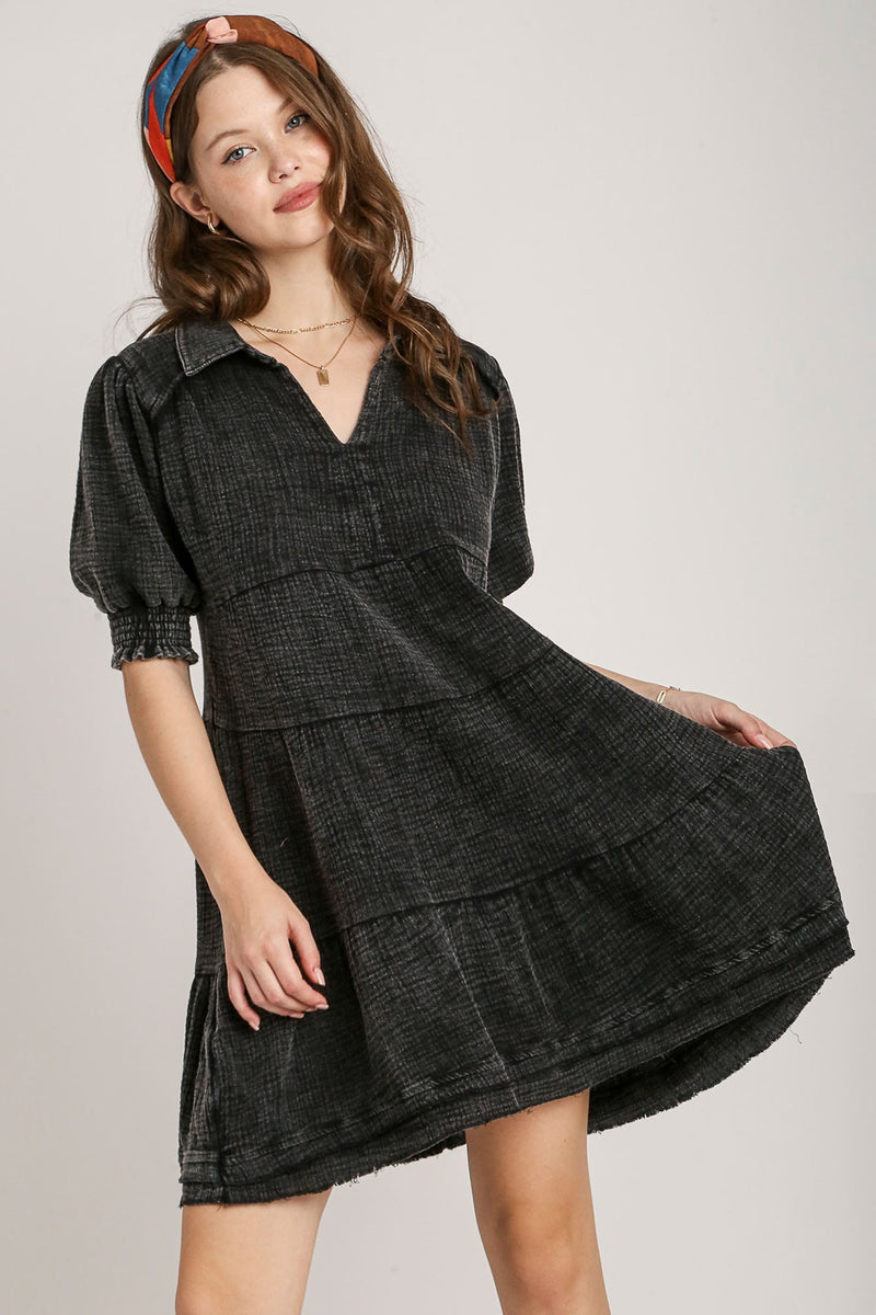 Umgee Mineral Washed Cotton Gauze Tiered Collar Dress In Ash – June Adel