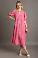 Load image into Gallery viewer, Umgee Solid Color A-Line Tiered Midi Dress with Piping Details in Rose Pink Dresses Umgee