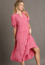 Load image into Gallery viewer, Umgee Solid Color A-Line Tiered Midi Dress with Piping Details in Rose Pink Dresses Umgee
