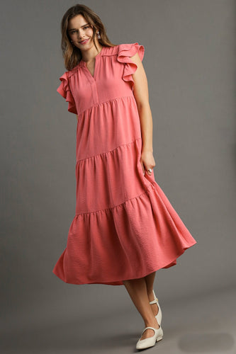 Umgee Split Neck A-Line Tiered Midi Dress in Coral Pink Dresses Umgee   