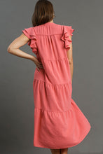 Load image into Gallery viewer, Umgee Split Neck A-Line Tiered Midi Dress in Coral Pink Dresses Umgee
