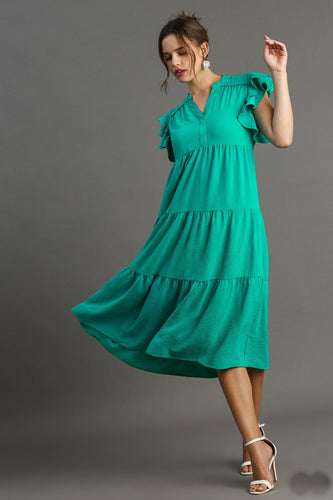 Umgee Split Neck A-Line Tiered Midi Dress in Jade Dresses Umgee   