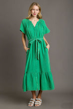Load image into Gallery viewer, Umgee Cotton Gauze Belted Midi Dress in Green