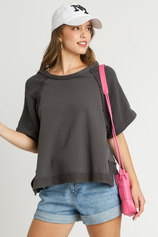 Umgee French Terry & Cotton Gauze Mixed Boxy Cut Top in Charcoal ON ORDER Shirts & Tops Umgee   