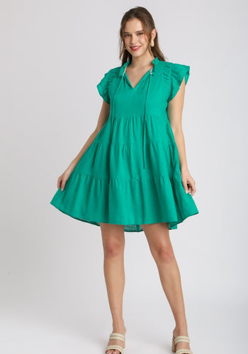 Umgee Linen A-Line Dress in Emerald Green Dresses Umgee   