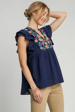 Load image into Gallery viewer, Umgee Baby Doll Top with Floral Embroidery in Navy FINAL SALE