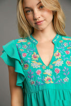 Load image into Gallery viewer, Umgee Baby Doll Top with Floral Embroidery in Jade Green FINAL SALE