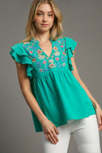 Load image into Gallery viewer, Umgee Baby Doll Top with Floral Embroidery in Jade Green FINAL SALE