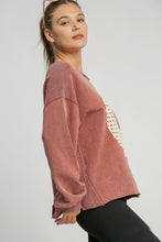 Load image into Gallery viewer, Umgee French Terry Top with Lace Peace Sign Patch in Red Brown