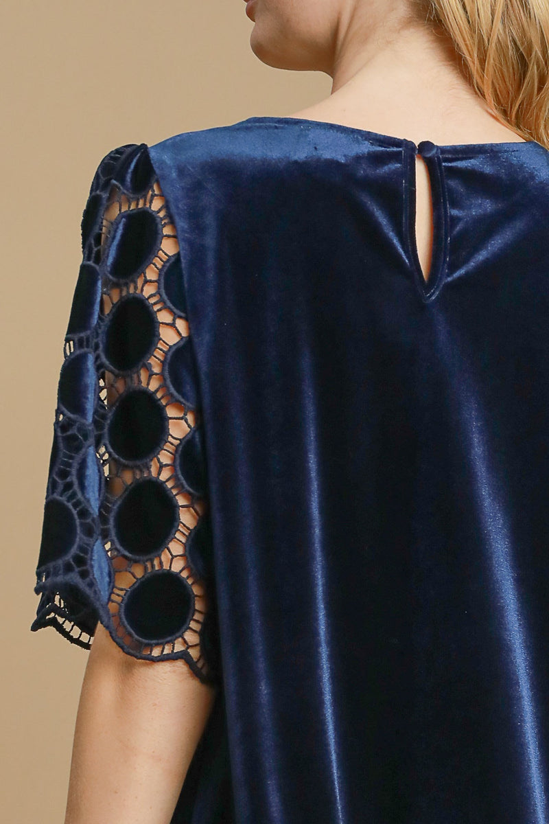 Umgee Velvet Top with Dotted Lace Sleeves in Navy M