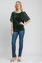 Load image into Gallery viewer, Umgee Velvet Top with Dotted Lace Sleeves in Deep Green