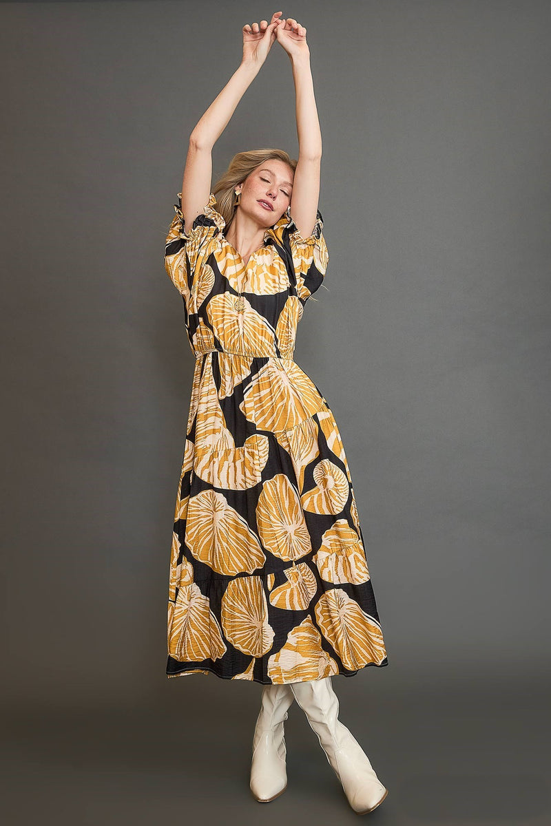 yellow black floral dress Umgee Print Maxi with Puff Sleeves in Black/Honey M flutter sleeve midi dress Small Bust Stunning Black & Red Size:S (Bust 86 cm)