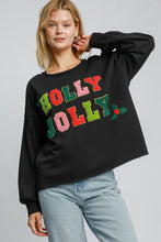 Load image into Gallery viewer, Umgee "HOLLY JOLLY" Letter Patched French Terry Top in Black
