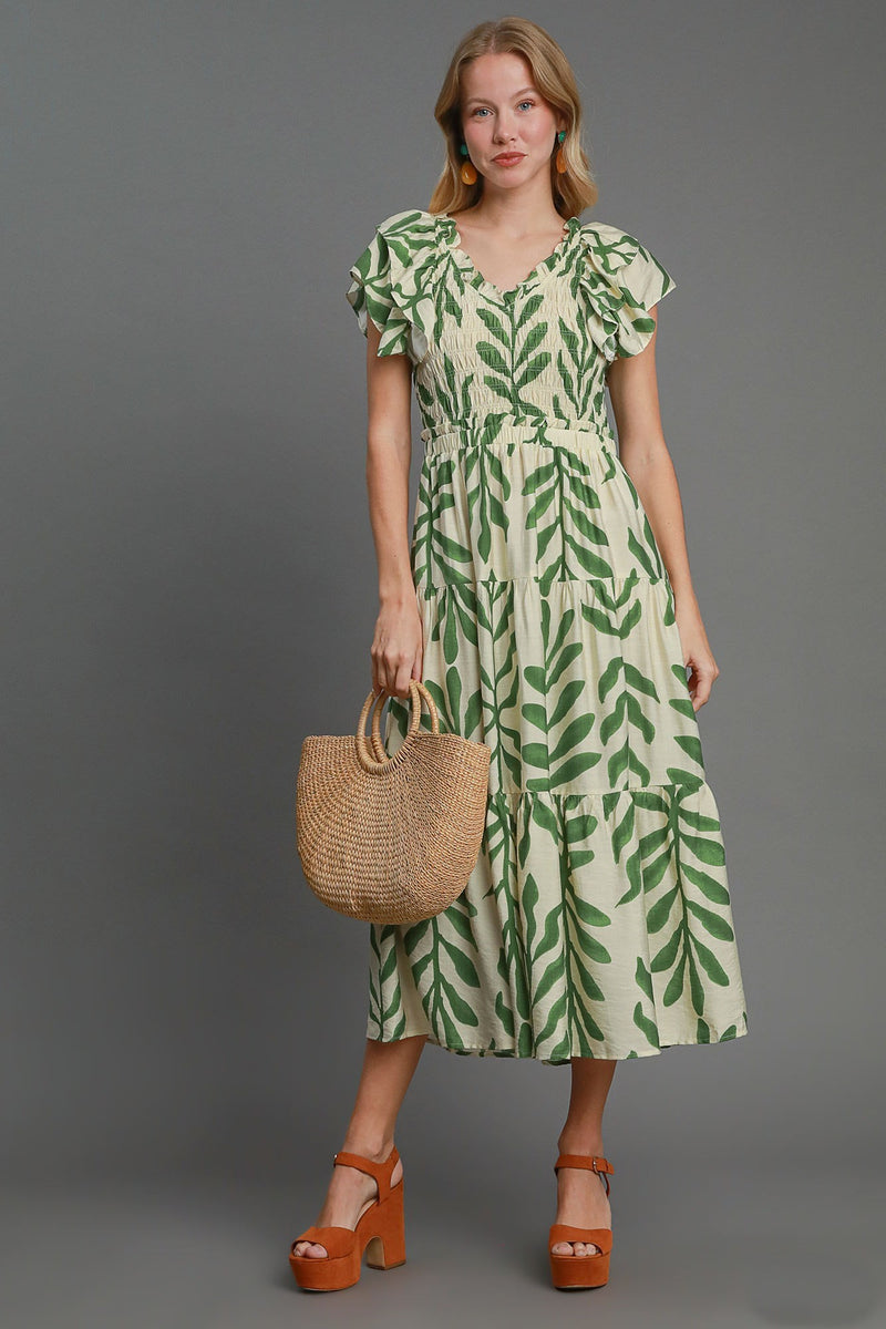 Umgee Leaf Print Midi Tiered Dress with Side Pockets