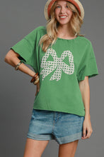 Load image into Gallery viewer, Umgee French Terry Top with Lace Applique Bow in Green