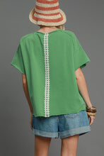 Load image into Gallery viewer, Umgee French Terry Top with Lace Applique Bow in Green