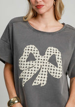 Load image into Gallery viewer, Umgee French Terry Top with Lace Applique Bow in Charcoal
