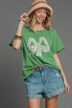 Load image into Gallery viewer, Umgee French Terry Top with Lace Applique Bow in Green