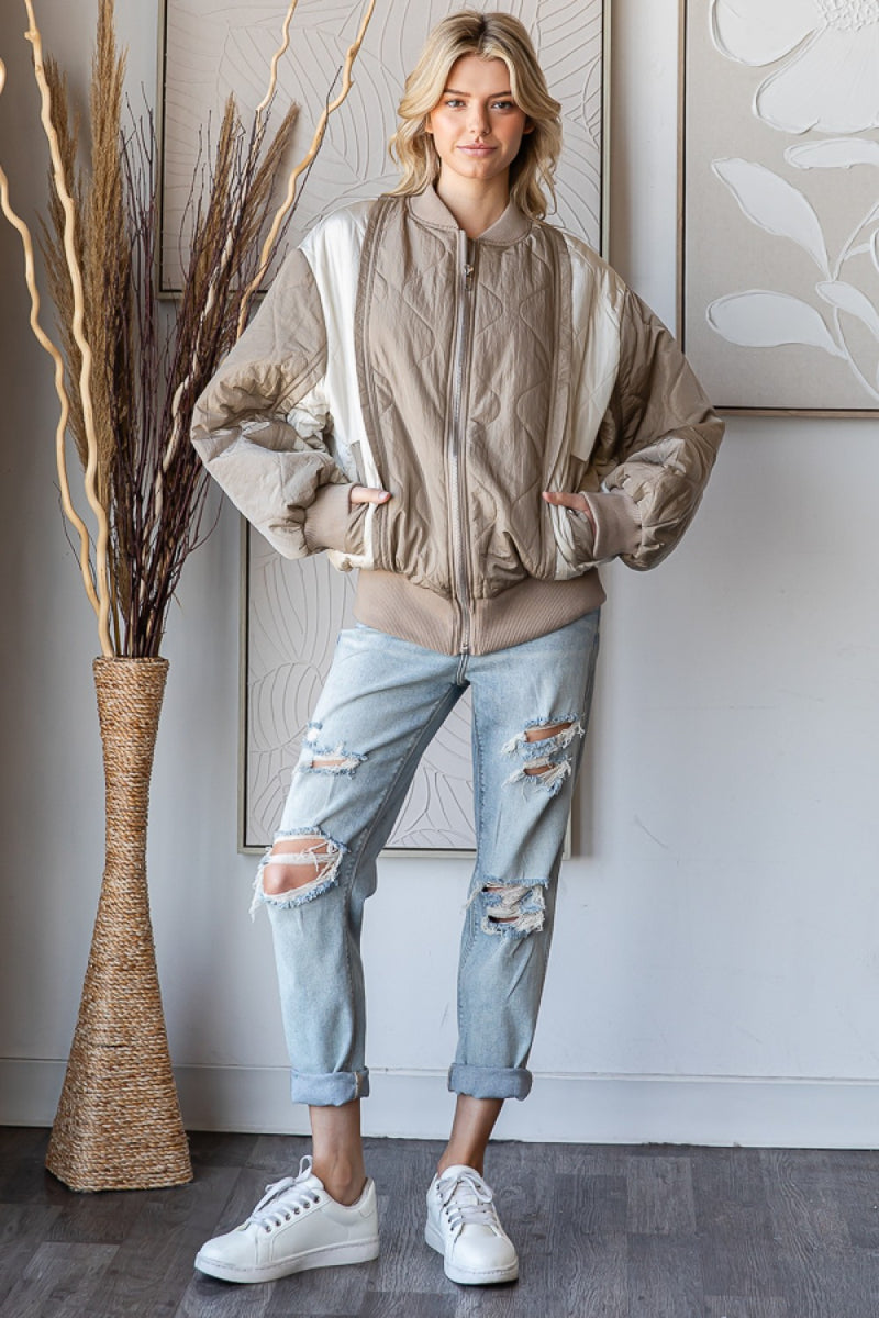 Oli & Hali Quilted Patchwork Bomber Jacket in Mocha – June Adel