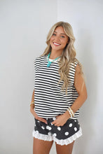 Load image into Gallery viewer, Poppy & Pine Black Dot Party Denim Ruffle Shorts