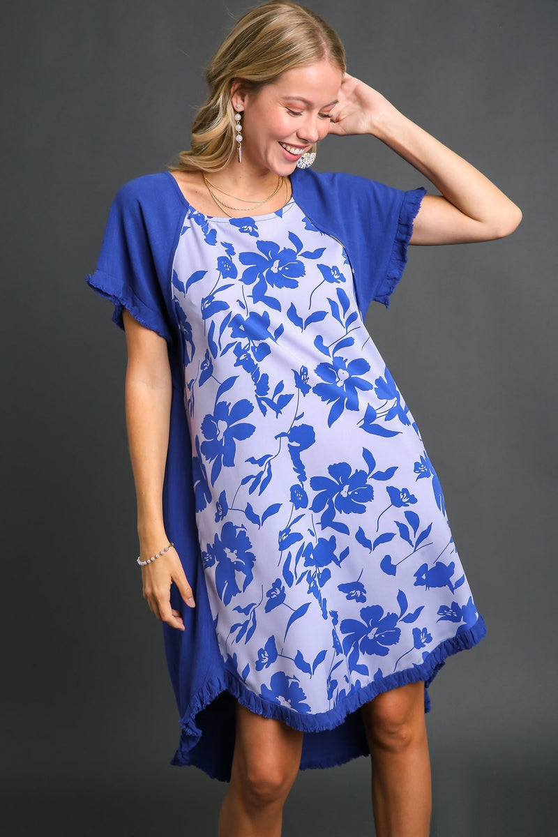 Umgee Linen Blend Dress with Front Floral Print in Royal Blue June Adel