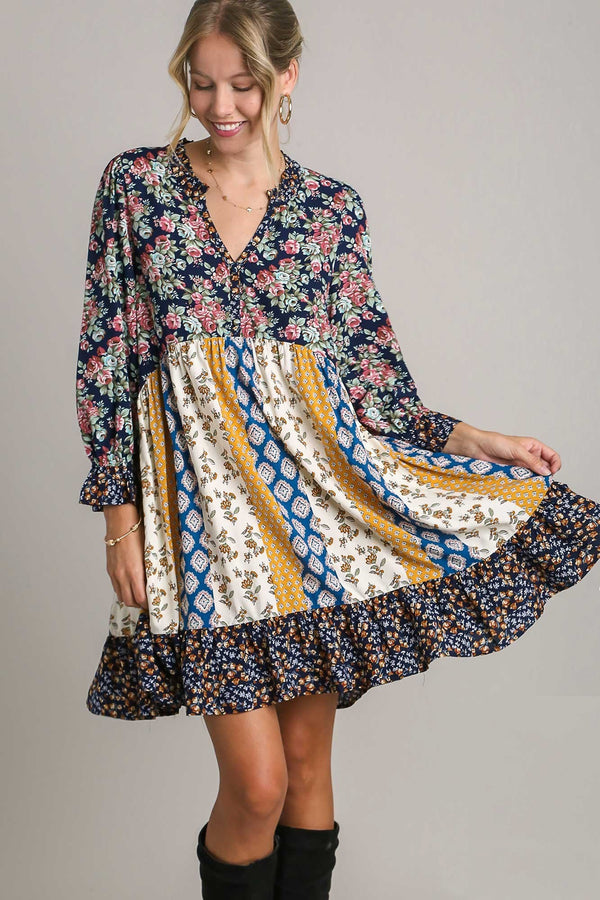 Umgee Mixed Print Dress with Ruffle Details in Midnight Mix Dress Umgee   