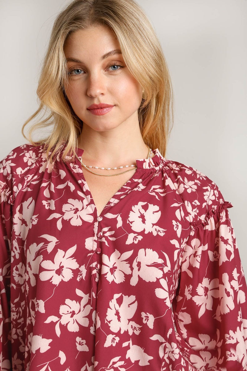 Umgee Two Tone Mixed Floral Print Peasant Top in Sangria Mix June Adel
