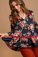 Load image into Gallery viewer, Umgee Satin Floral Print Top with Ric Rac Trim in Midnight Shirts & Tops Umgee