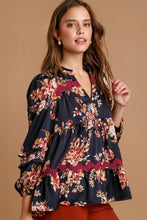 Load image into Gallery viewer, Umgee Satin Floral Print Top with Ric Rac Trim in Midnight Shirts & Tops Umgee