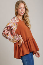 Load image into Gallery viewer, Umgee Solid Color Babydoll Top with Mixed Print Sleeves in Rust Shirts & Tops Umgee