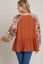 Load image into Gallery viewer, Umgee Solid Color Babydoll Top with Mixed Print Sleeves in Rust Shirts & Tops Umgee