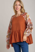 Load image into Gallery viewer, Umgee Solid Color Babydoll Top with Mixed Print Sleeves in Rust Shirts & Tops Umgee
