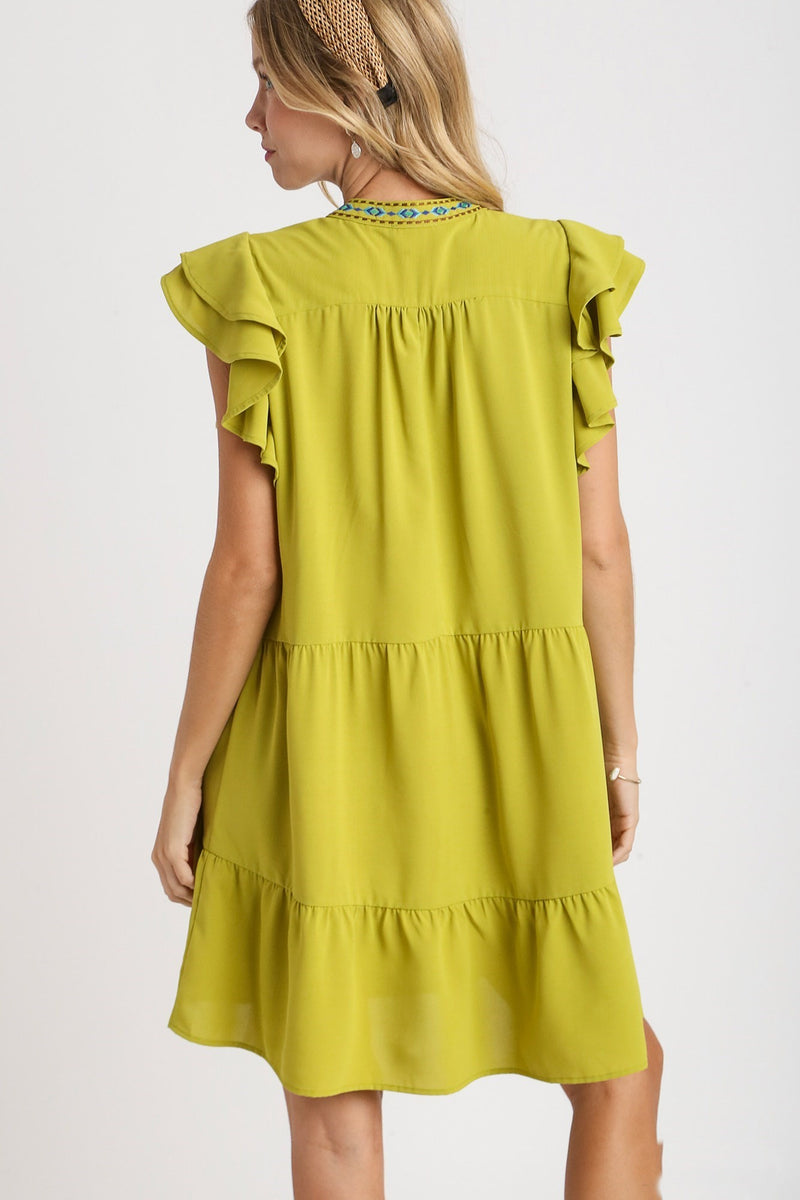 Umgee Embroidery Detailed Short ALine Dress in Cyber Lime June Adel
