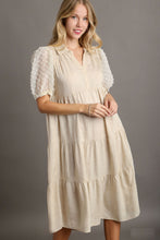 Load image into Gallery viewer, Umgee Solid Color Linen Blend Midi Dress with Floral Applique Details in Oatmeal Dresses Umgee