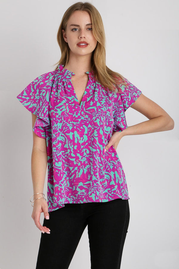 Umgee Two-Toned Abstract Print Top in Mint Shirts & Tops Umgee   