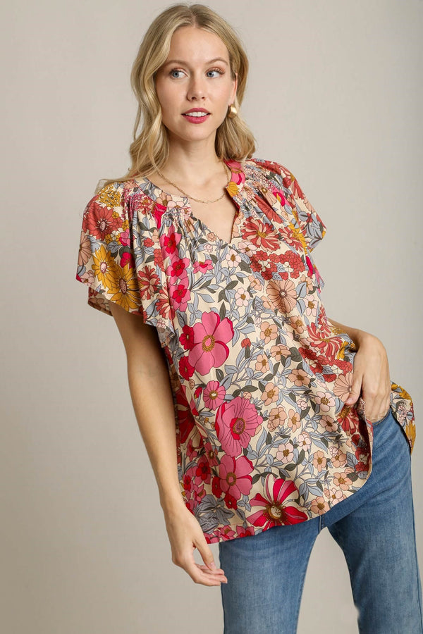 Umgee Floral Print Boxy Cut Top in Rose Mix Shirts & Tops Umgee   