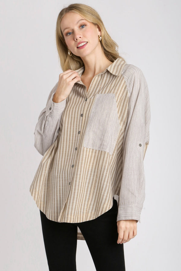 Umgee Mixed Striped Button Down Shirt in Sand Shirts & Tops Umgee   