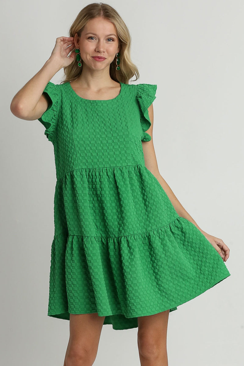 Umgee Tiered A Line Textured Jacquard Print Dress in Green June Adel